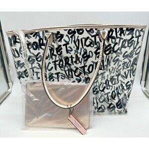 Victorias Secret Clear Graffiti Large Tote Bag & Pouch Gold Handles NEW